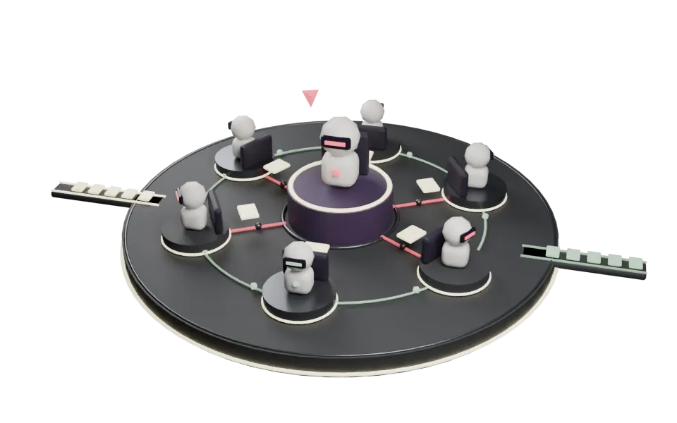 A round org-chart table: a manager bot on a raised purple pedestal in the centre, six worker bots on pods around it linked by coral lines to the manager and a sage ring to each other, glowing account cards stepping from seat to seat, an intake rail feeding cards in on the left and an outreach rail carrying cards out on the right