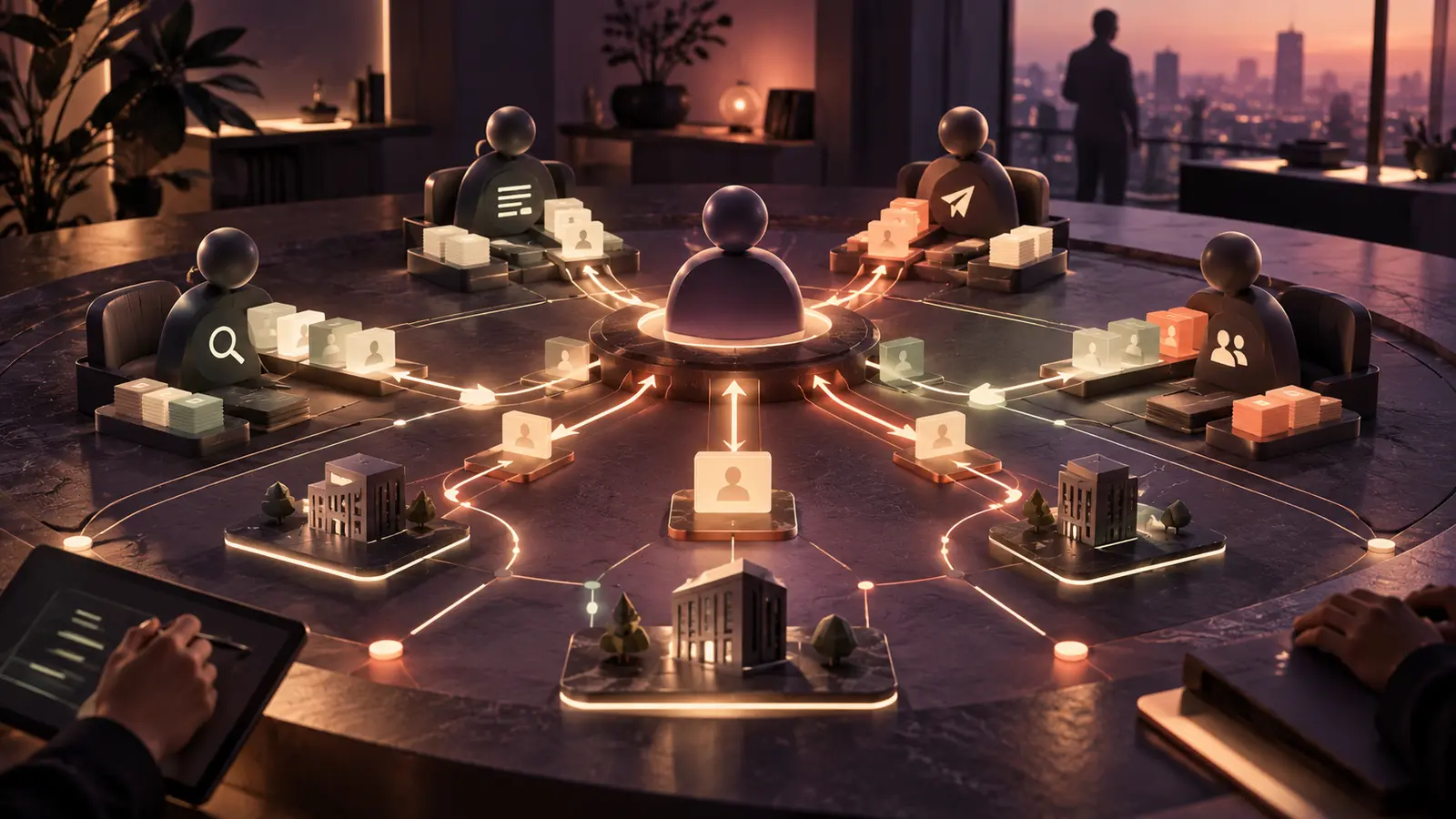 Illustration of a round command table at dusk: a central manager figure linked by glowing coral and sage paths to worker seats, with account tiles and small buildings representing target companies