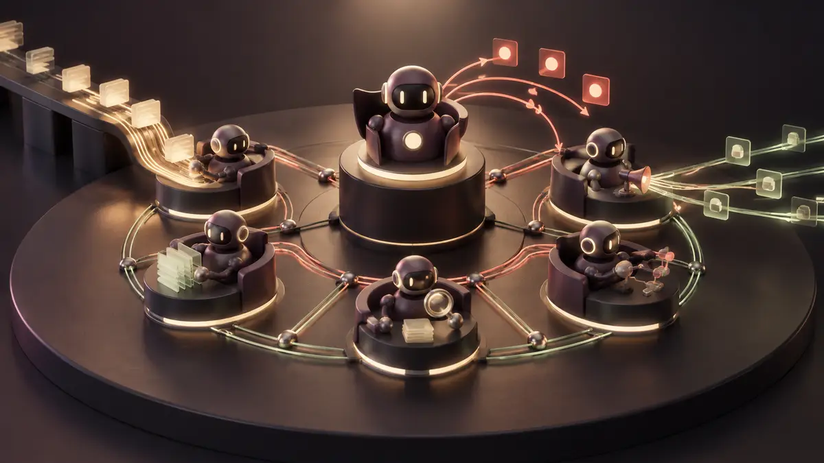 Concept render: small robot workers in round seats around a raised manager seat, with glowing lines carrying account tiles in from one side and out to the other